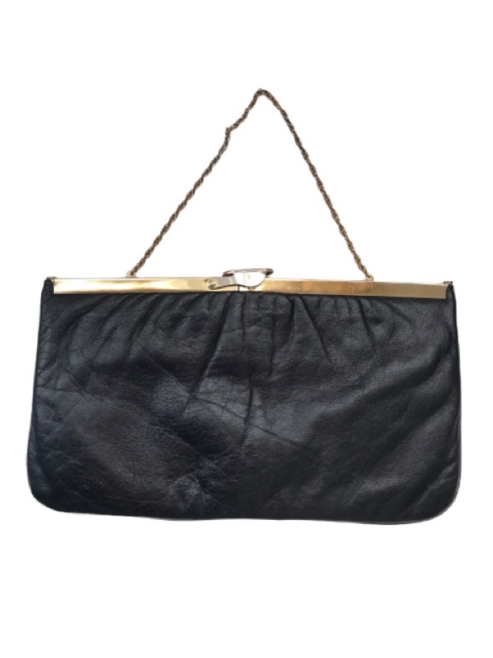 Vintage black soft genuine leather clutch wallet on chain